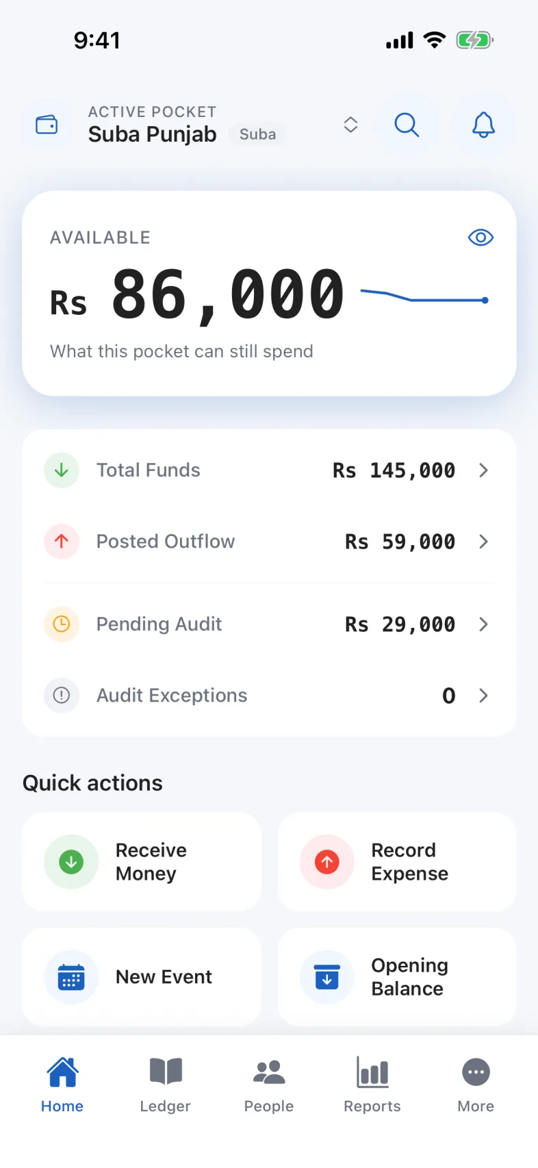 The Home tab as a Nazim: the active pocket name at the top, the available balance, a breakdown of funds, the quick action buttons, and the five tabs along the bottom.