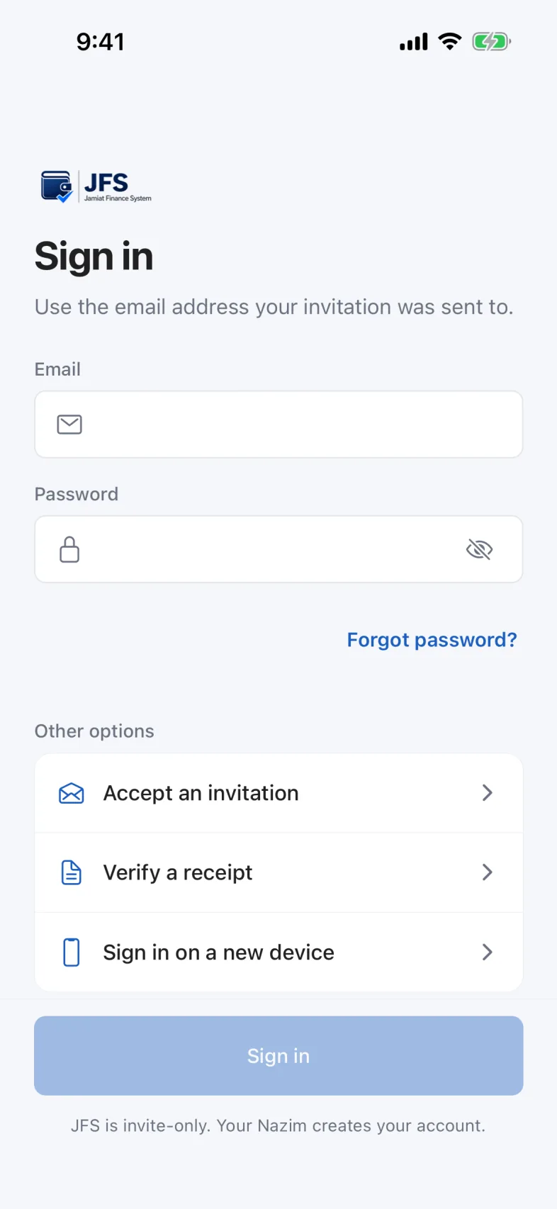 The JFS sign-in screen, with the email and password fields empty and the Sign in button beneath them.