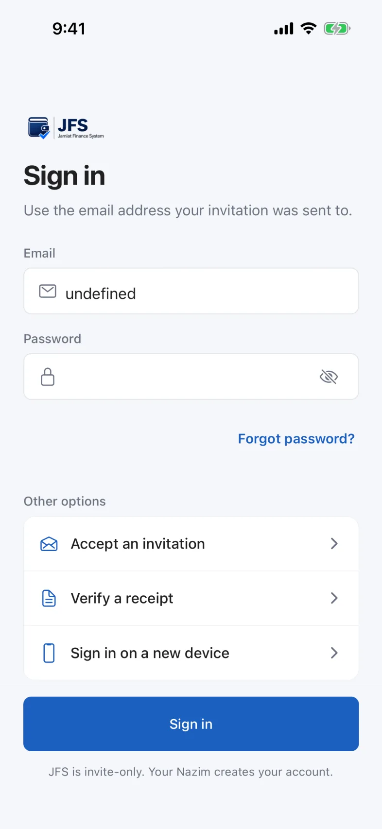 The sign-in screen with an email address typed in and the password field filled with dots.