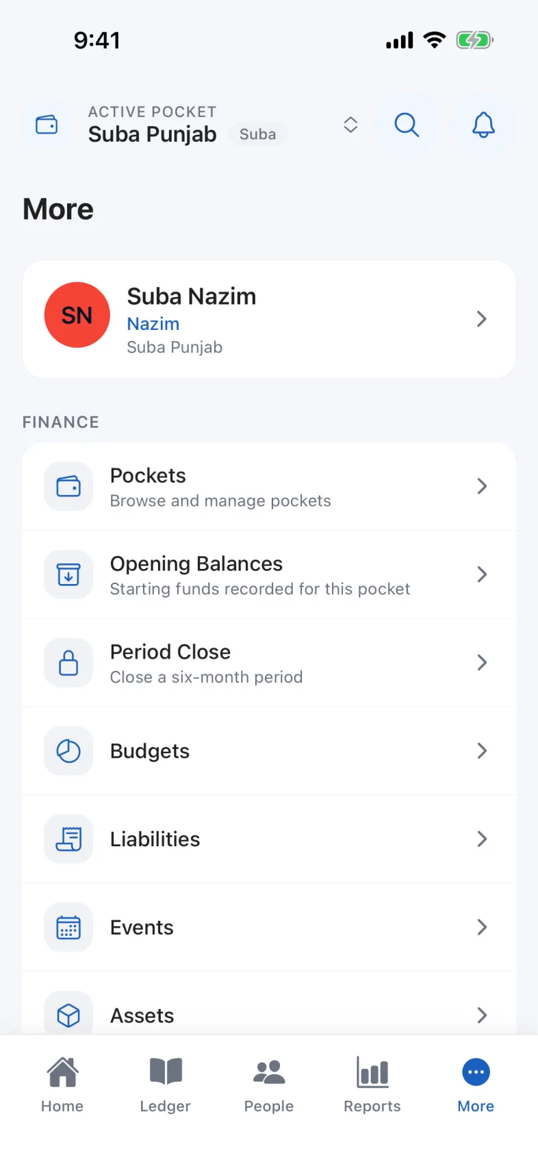 The More tab, listing Finance, Records, Account and App sections with Device and Security among them.