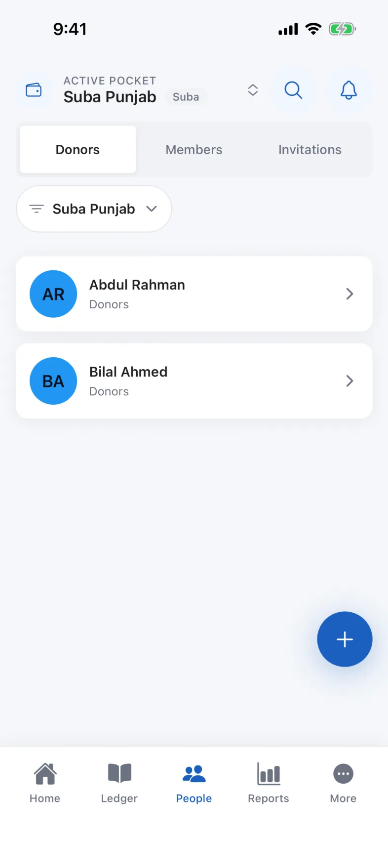 The People tab on its Donors segment, listing the pocket’s donors with a button to add one.