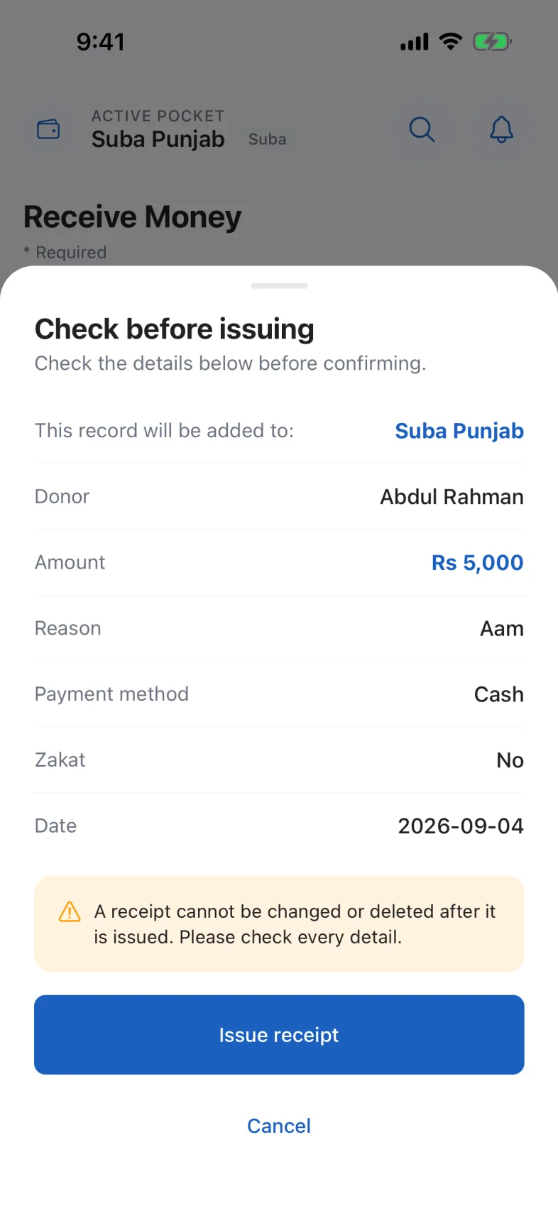 The confirmation sheet that appears after Next, listing the donor, amount, date and pocket, with a warning that an issued receipt cannot be changed.
