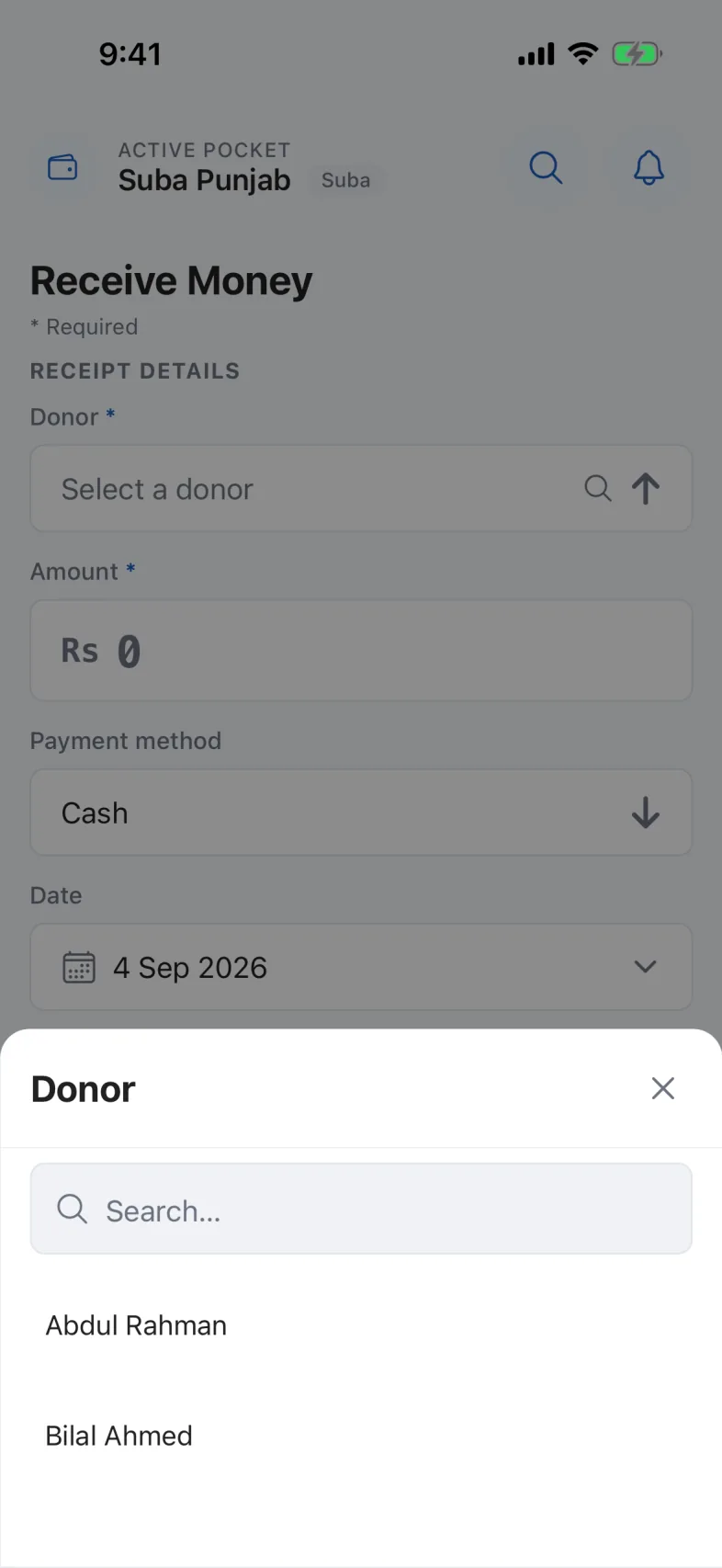The donor picker open on the Issue Receipt form, with a search box and the pocket’s donors listed beneath it.