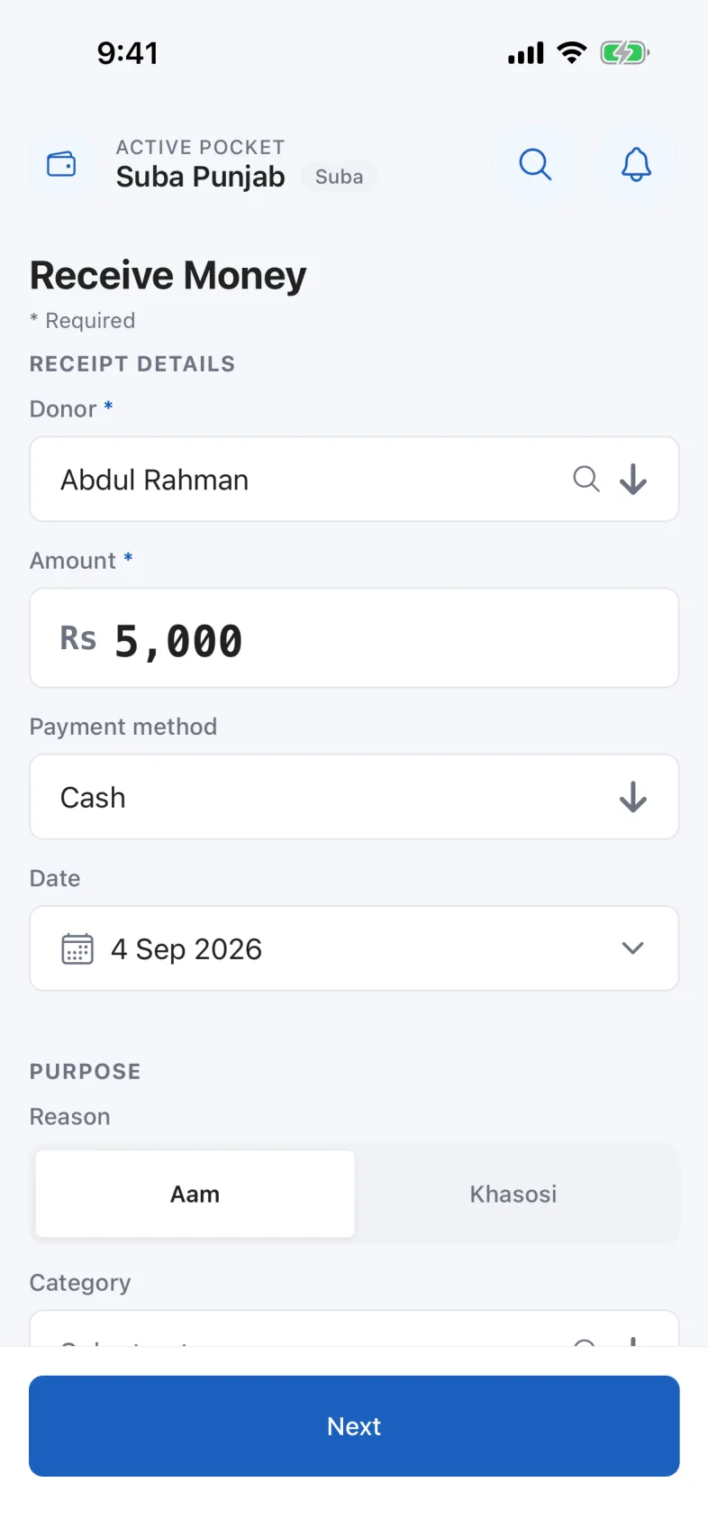 The completed Issue Receipt form with donor, amount, purpose and category all filled in and the Issue button enabled.
